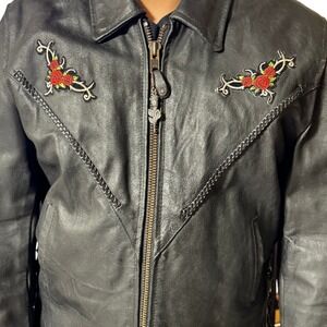 Genuine Leather Biker Jacket Women XL Black Lady Rider Rose Embroidered